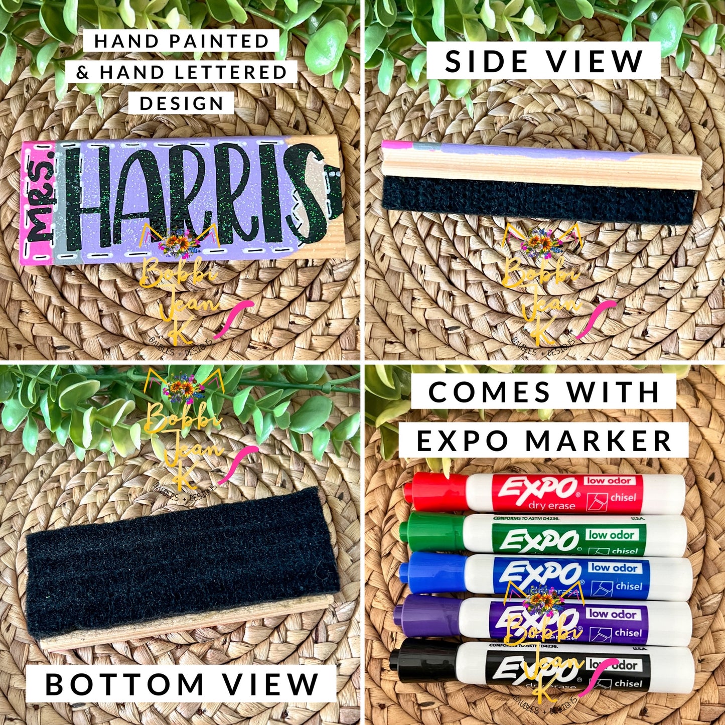 Hand Painted & Lettered Dry Erase Eraser + Marker Gift Set: Choose from 5 Pencil Colors